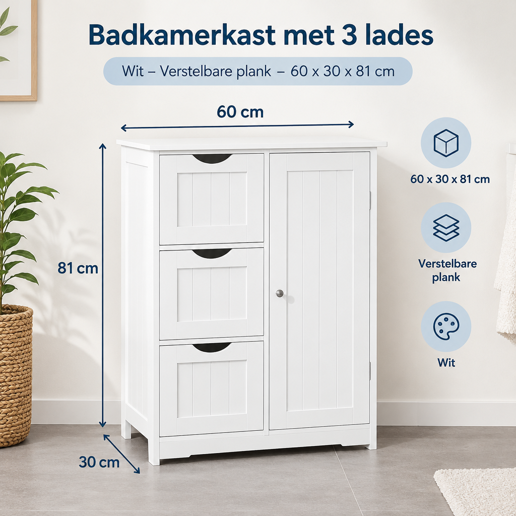 Afmetingen en productspecificaties van badkamerkast met 3 lades
