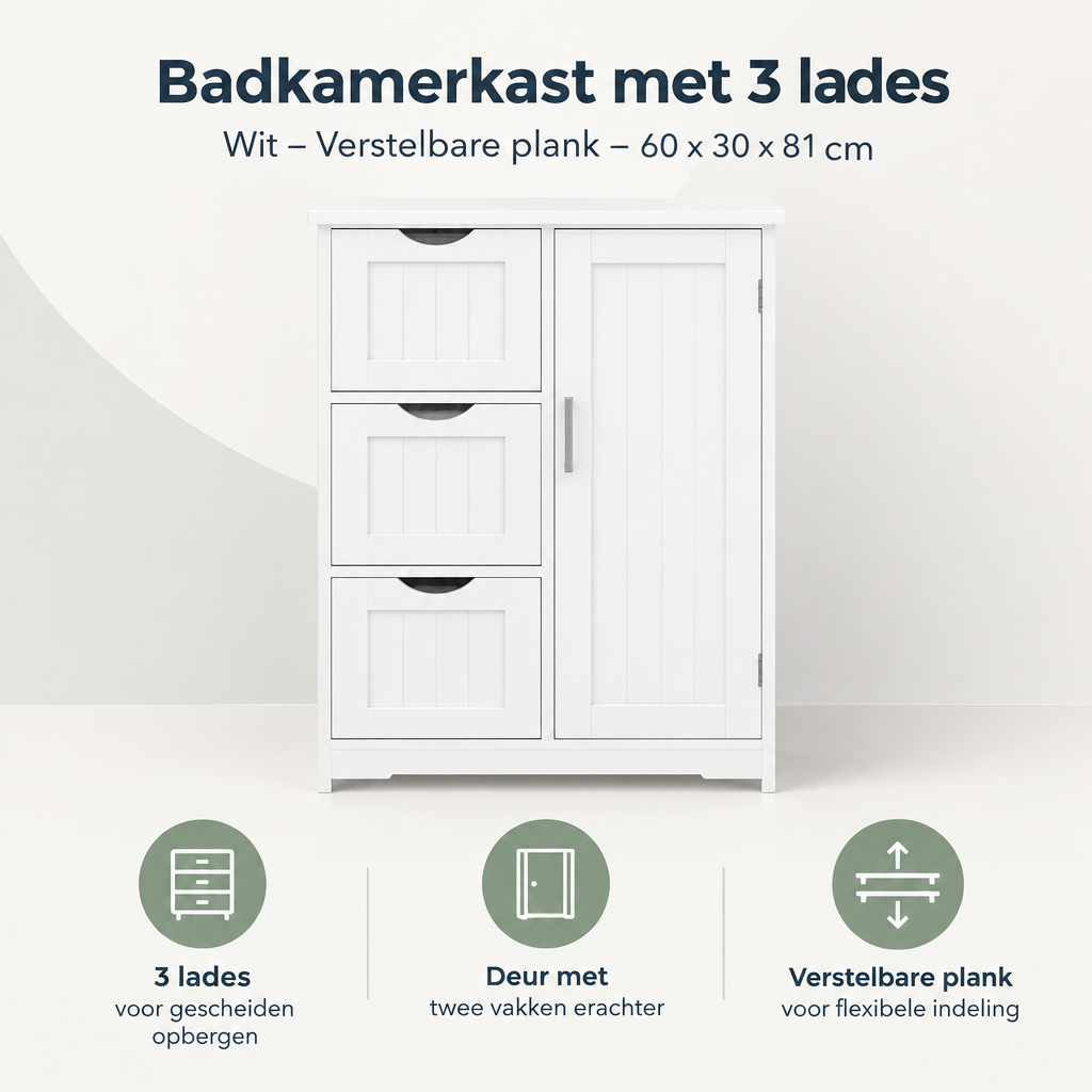 Overzicht van badkamerkast met 3 lades met de belangrijkste productvoordelen