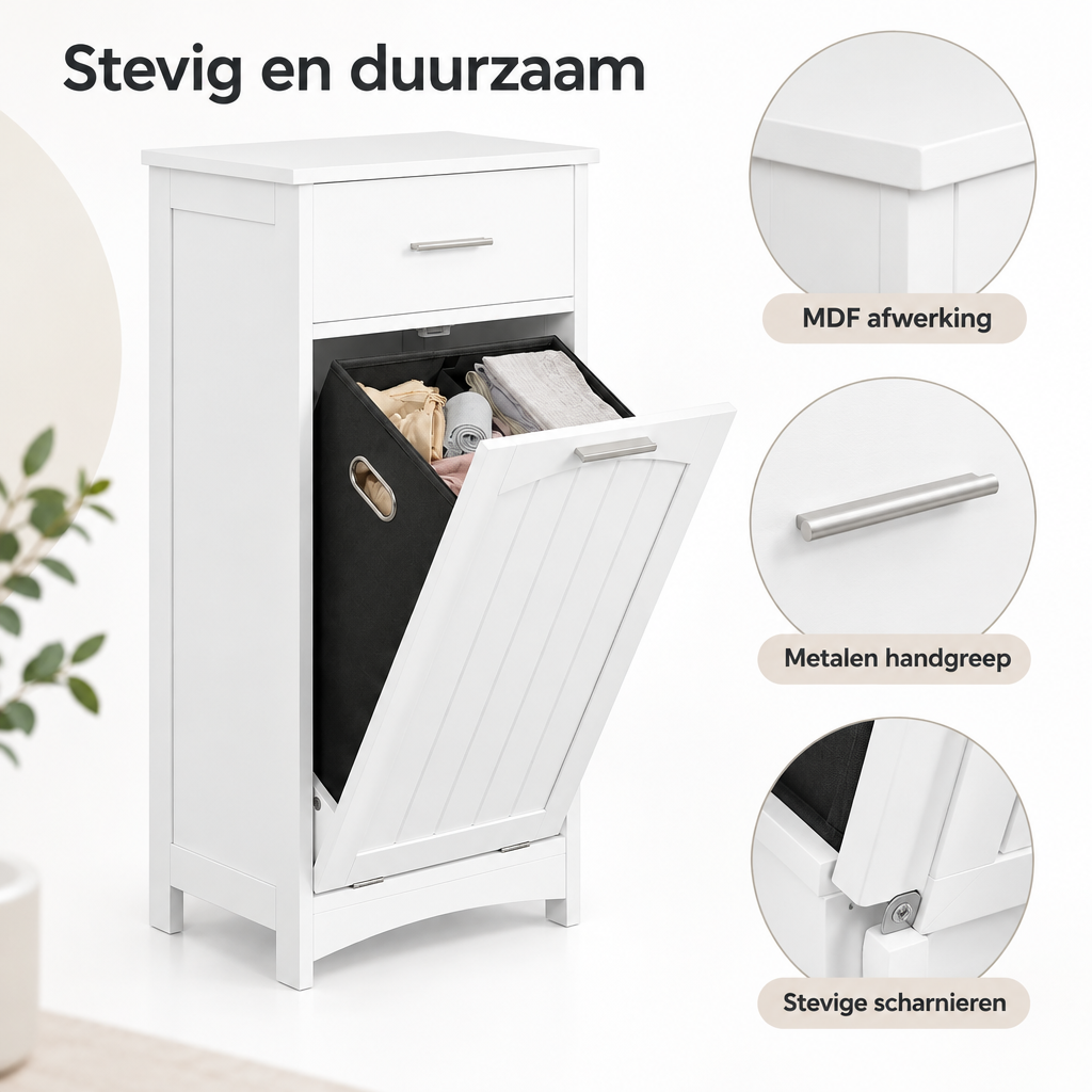 Detail van materiaal en afwerking van badkamerkast met wasmand