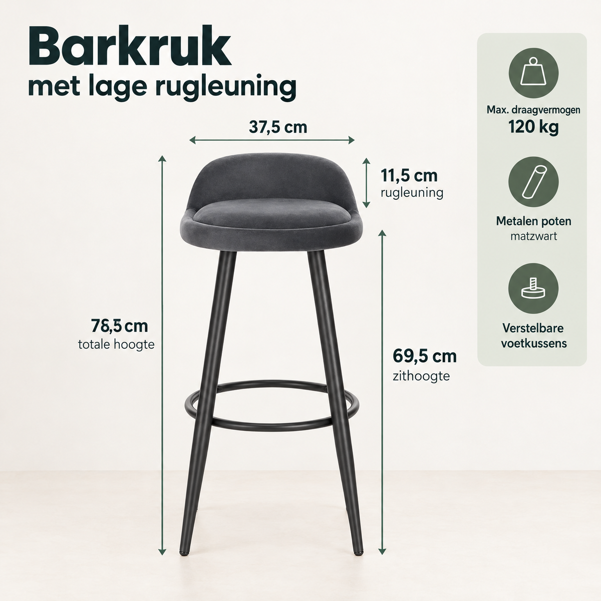 Afmetingen en productspecificaties van barkruk met lage rugleuning