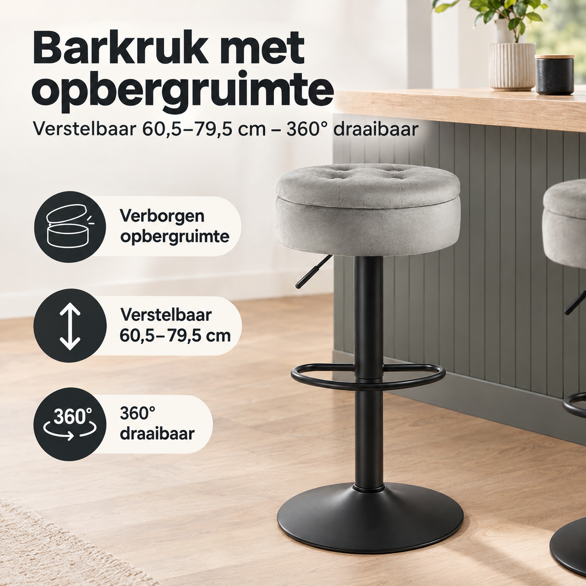 Praktische toepassing en keuzehulp voor barkruk met opbergruimte