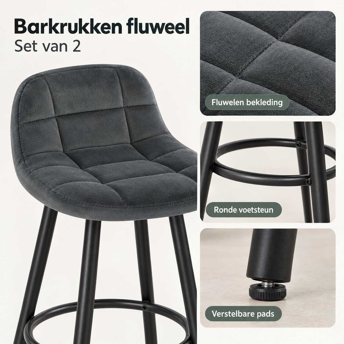 Detail van materiaal en afwerking van barkrukken fluweel