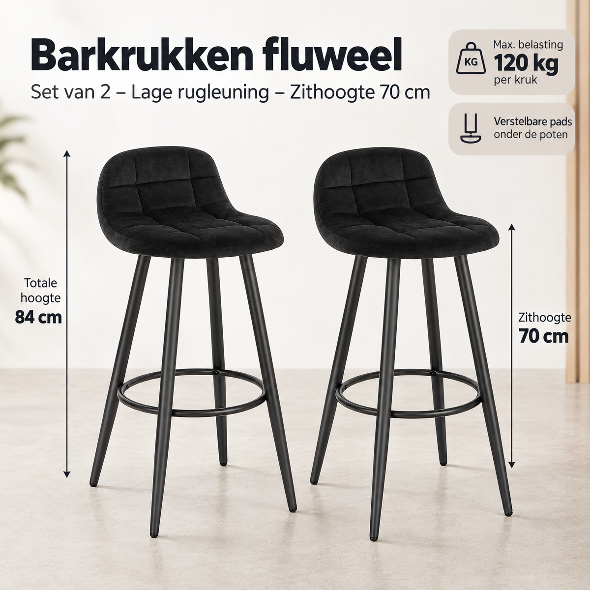 Afmetingen en productspecificaties van barkrukken fluweel
