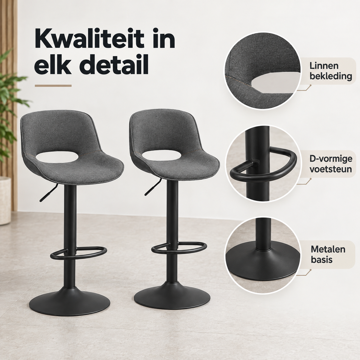 Detail van materiaal en afwerking van barkrukken set van 2