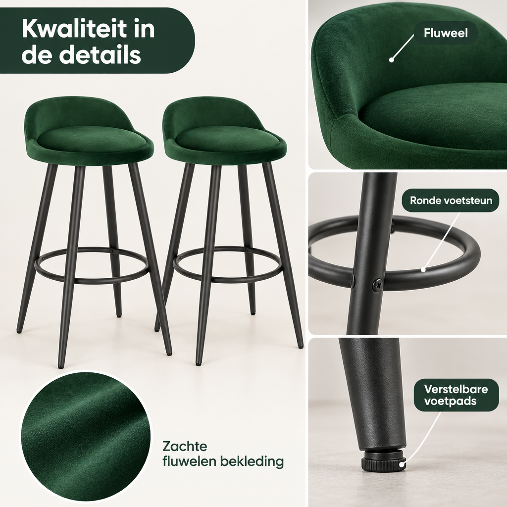 Detail van materiaal en afwerking van barkrukken set van 2