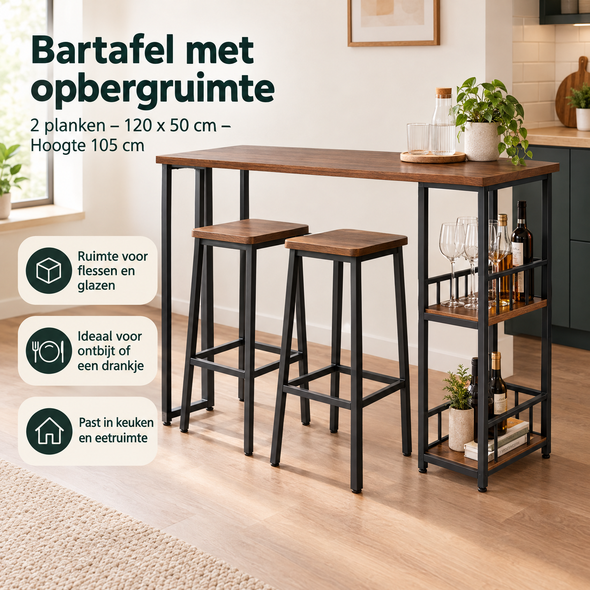 Praktische toepassing en keuzehulp voor bartafel met opbergruimte