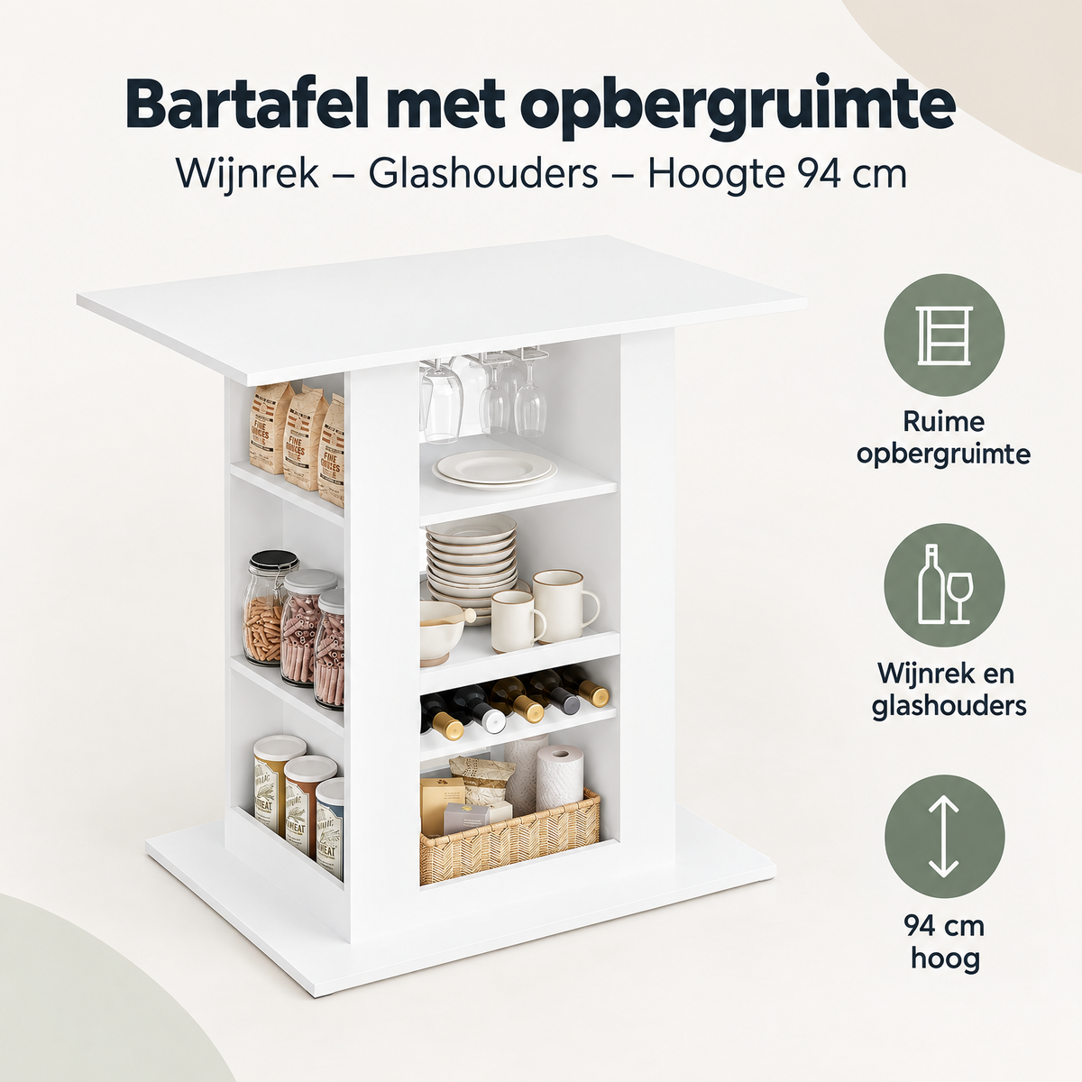 Overzicht van bartafel met opbergruimte met de belangrijkste productvoordelen