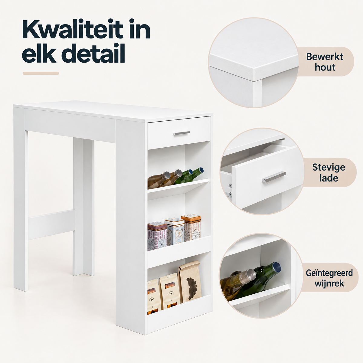 Detail van materiaal en afwerking van bartafel met wijnrek