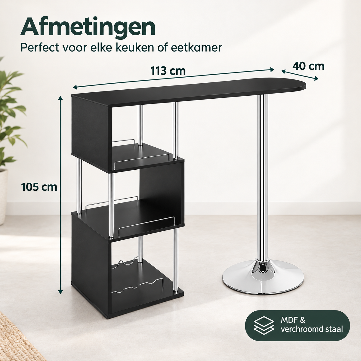 Afmetingen en productspecificaties van bartafel met wijnrek
