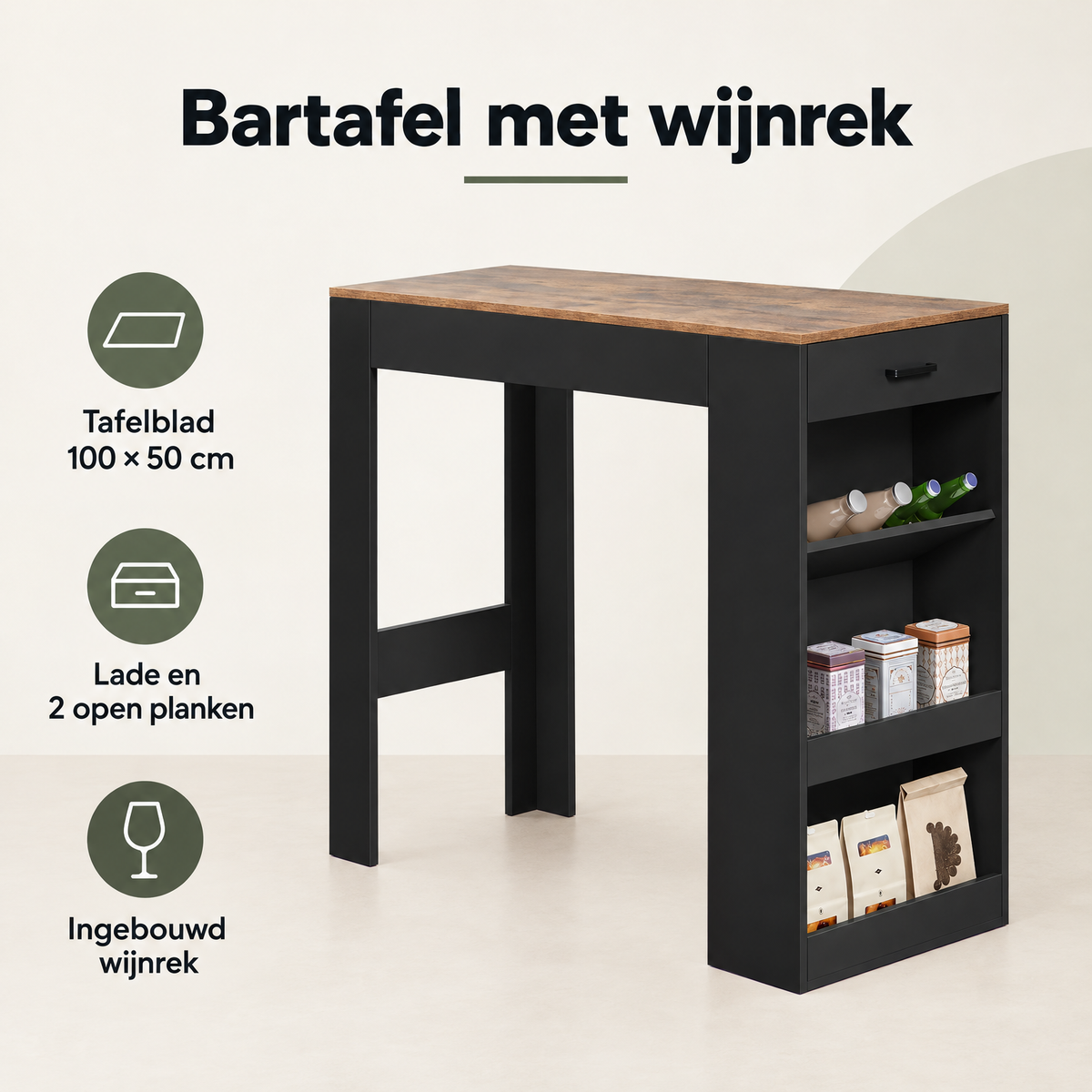 Overzicht van bartafel met wijnrek met de belangrijkste productvoordelen