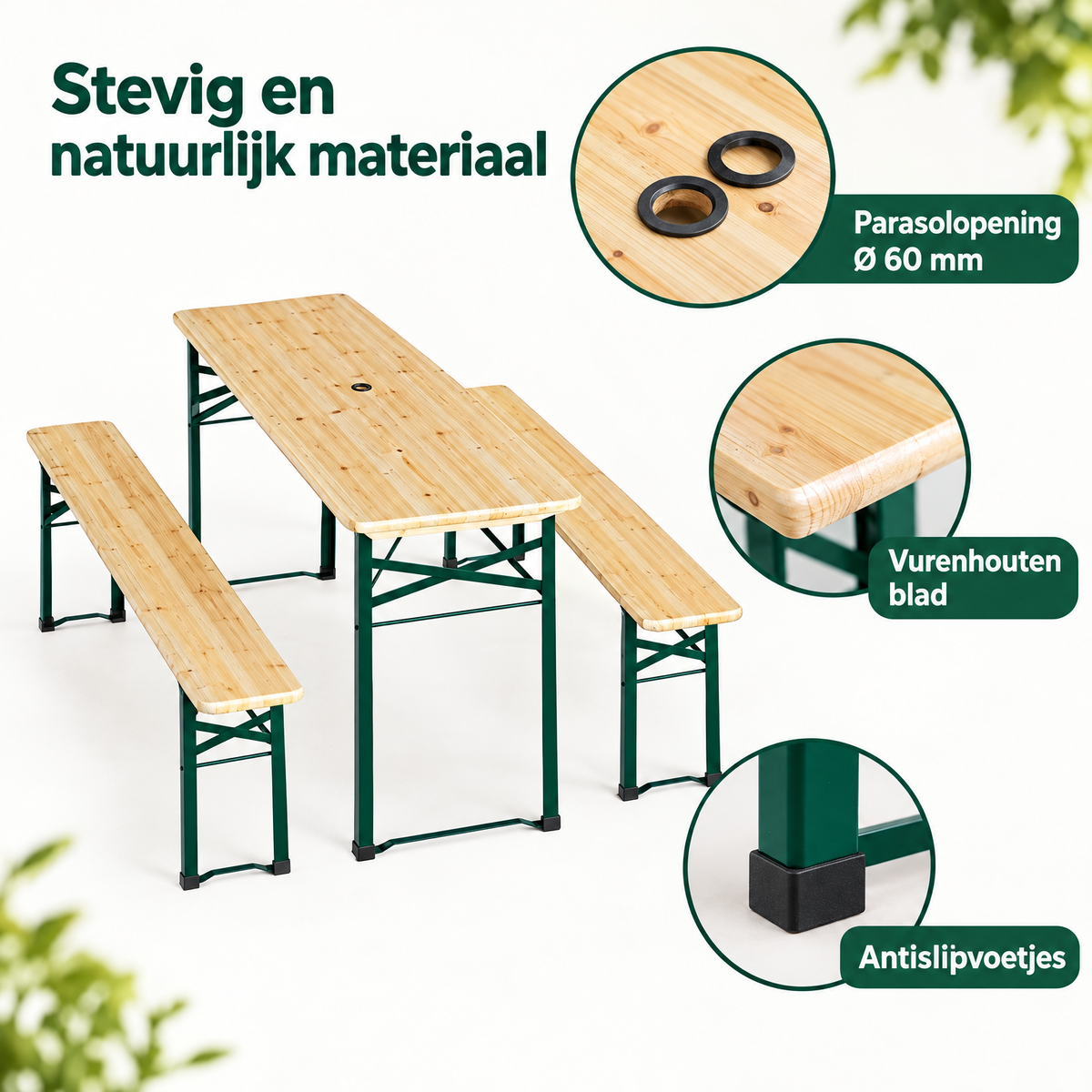 Inklapbaar BukkitBow biertafelset van 170 cm met twee banken en parasolopening, geschikt voor buitengebruik.