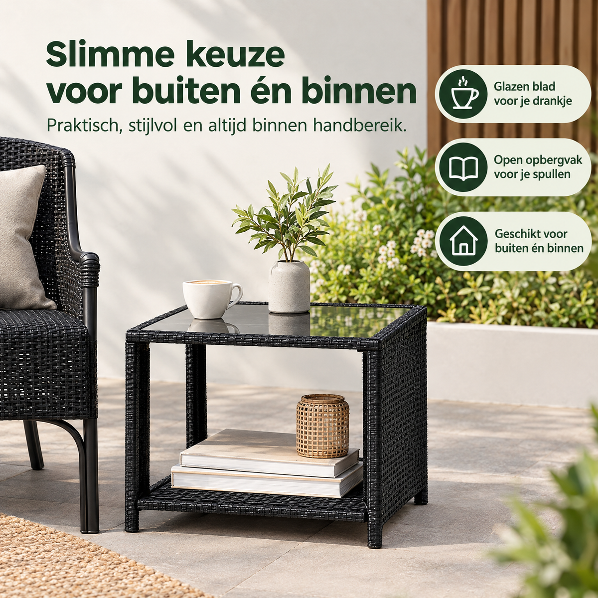 Praktische toepassing en keuzehulp voor bijzettafel buiten