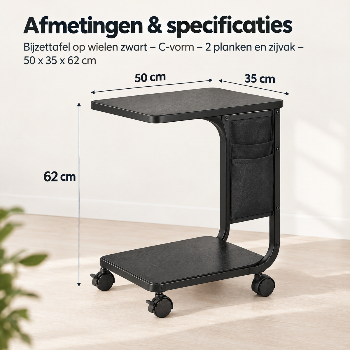 Afmetingen en productspecificaties van bijzettafel op wielen zwart