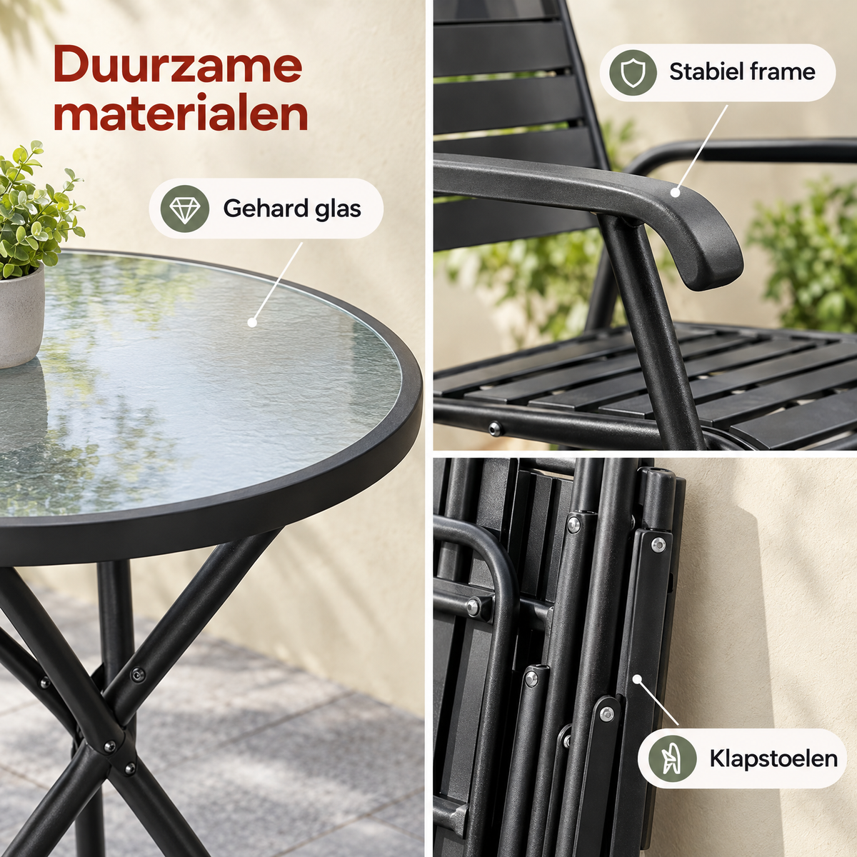 Detail van materiaal en afwerking van bistroset