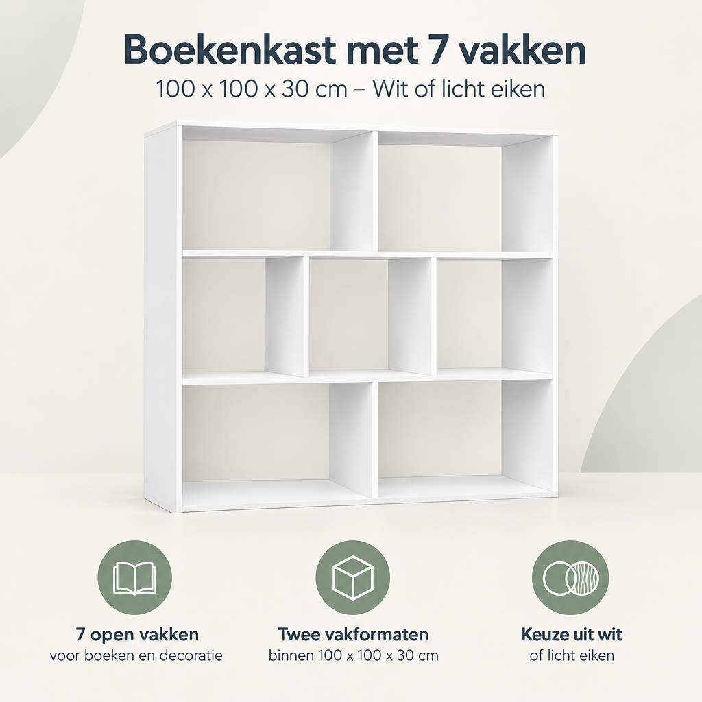 Overzicht van boekenkast 7 vakken met de belangrijkste productvoordelen