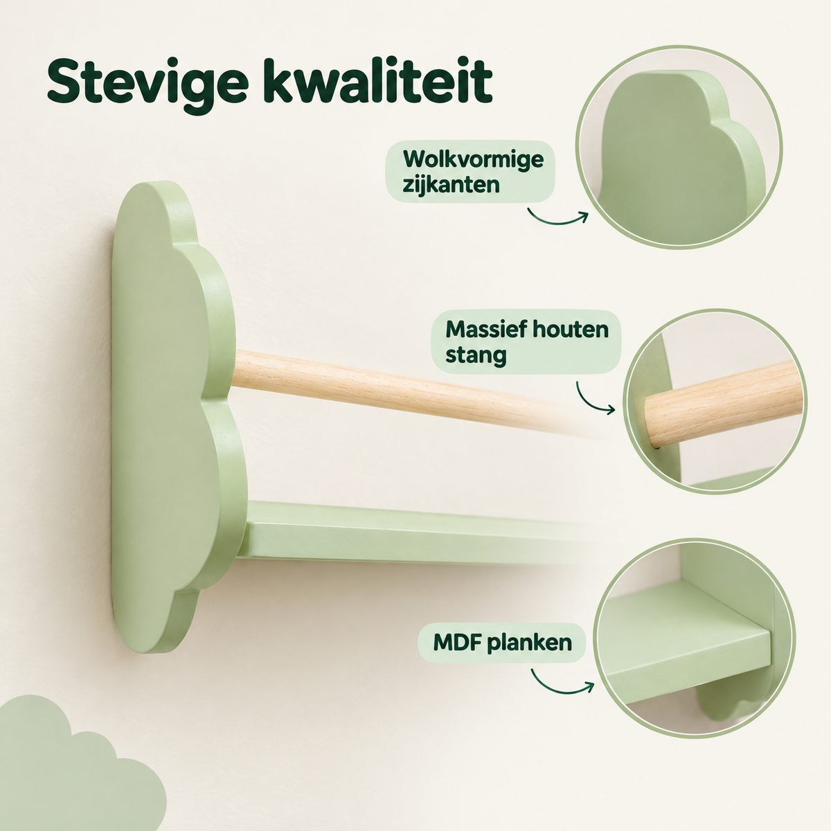 Detail van materiaal en afwerking van boekenplank kinderkamer