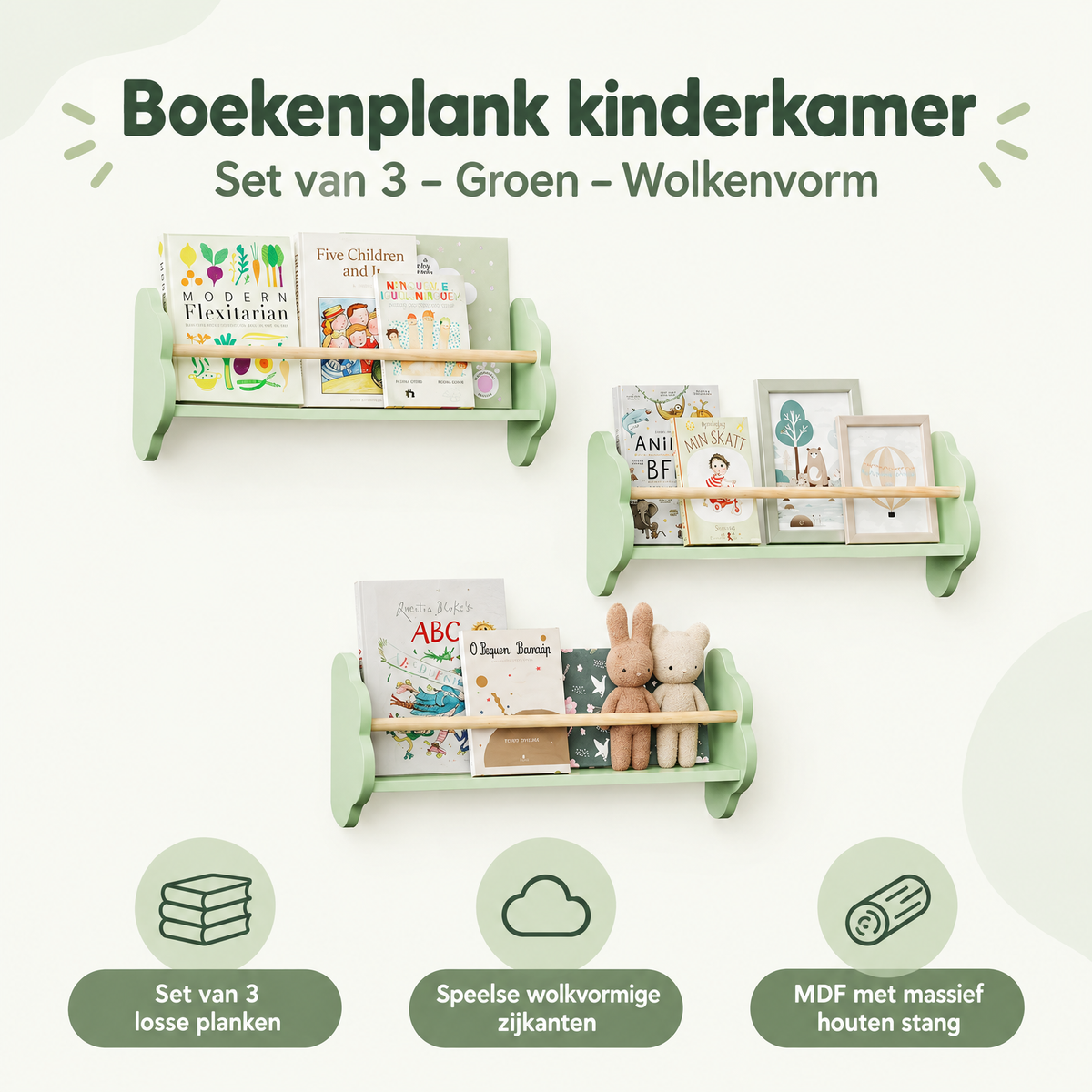 Overzicht van boekenplank kinderkamer met de belangrijkste productvoordelen