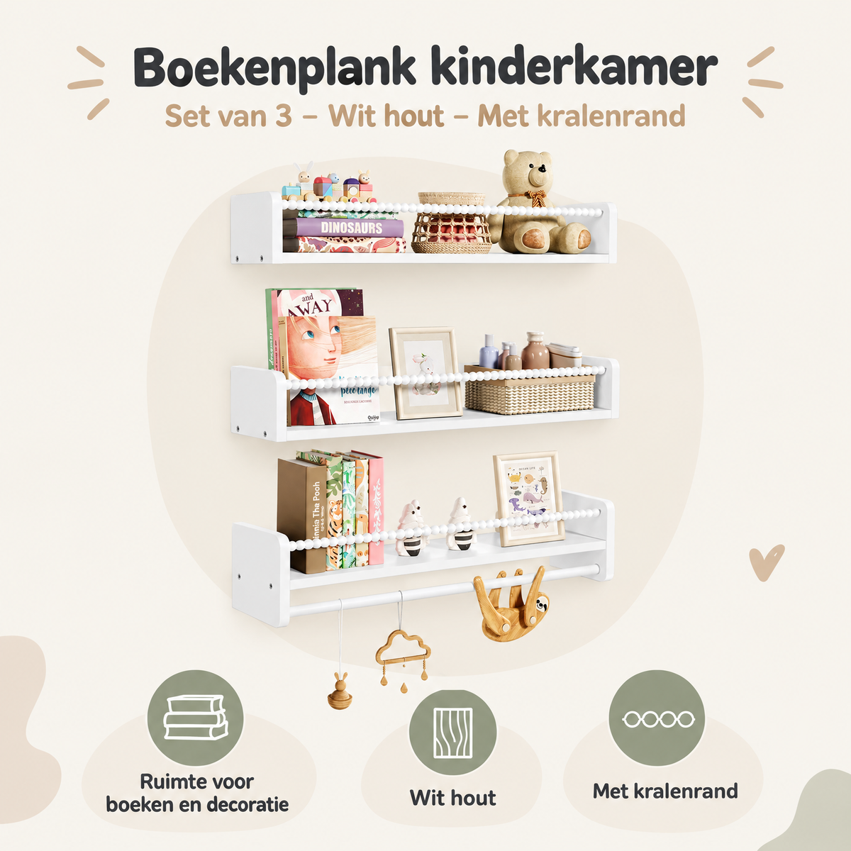 Overzicht van boekenplank kinderkamer met de belangrijkste productvoordelen