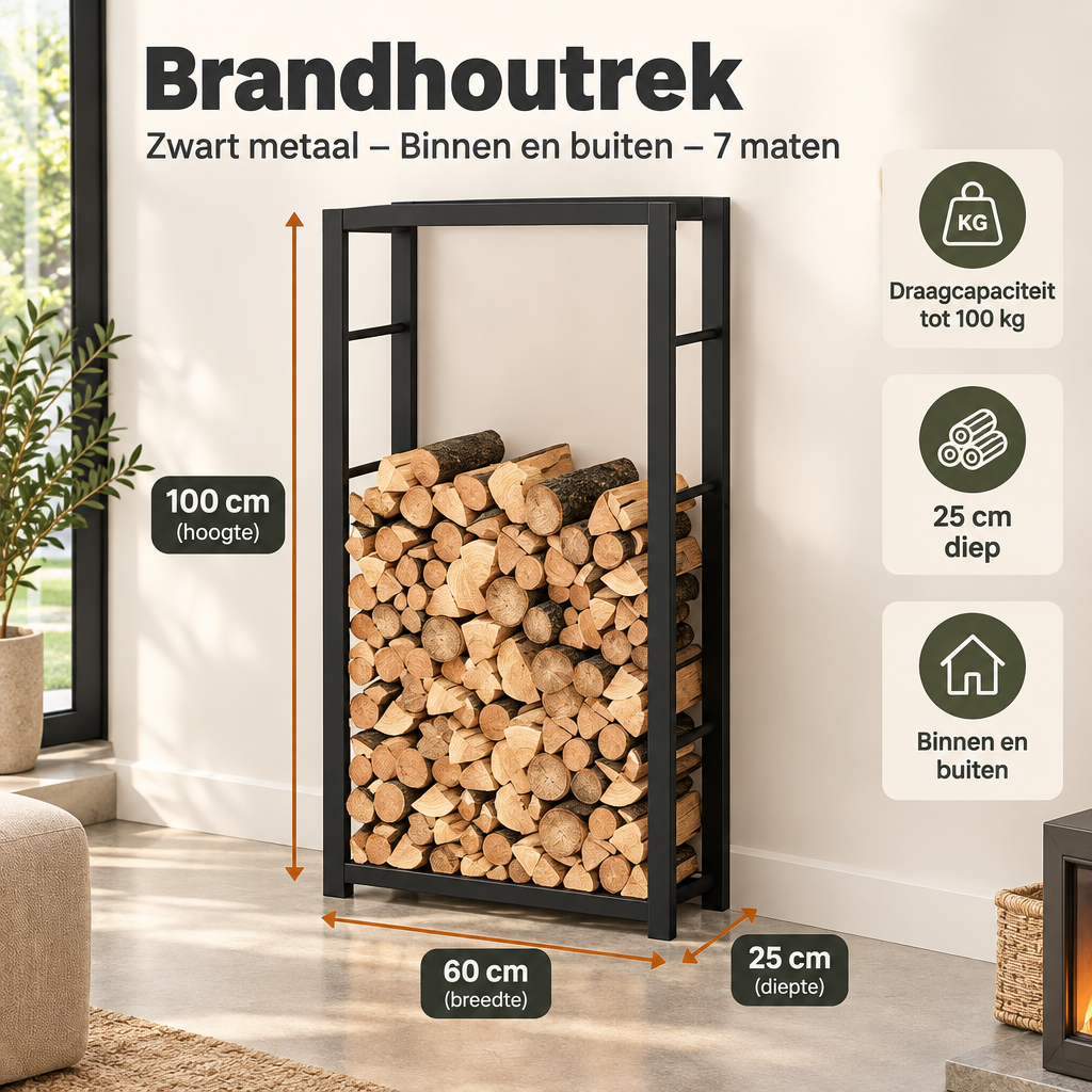 Zwart metaal brandhoutrek van BukkitBow voor binnen en buiten, beschikbaar in 7 maten, afgebeeld met specificaties.