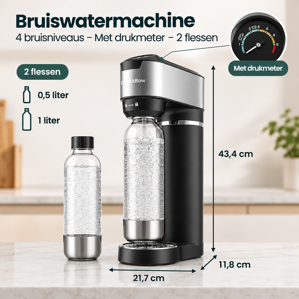 Afmetingen en productspecificaties van bruiswatermachine