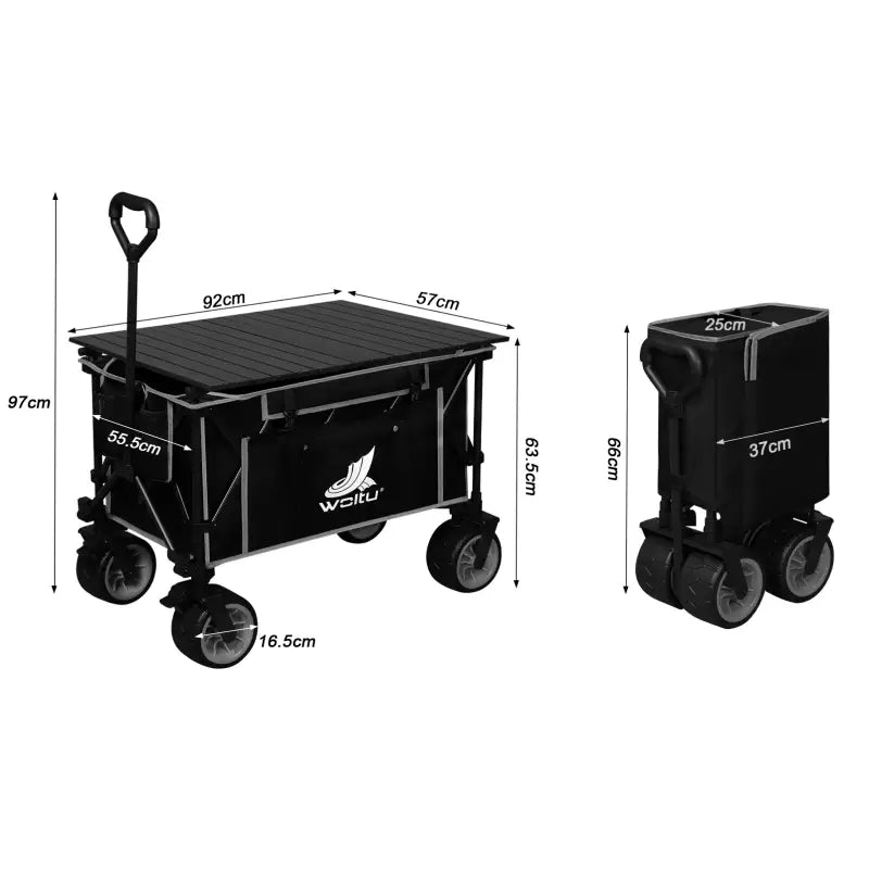 BukkitBow 2-in-1 opvouwbare bolderkar met tafelblad, gecoat staal, Oxford-doek en all-terrain wielen voor veelzijdig gebruik