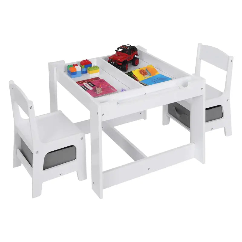 BukkitBow 3-in-1 kindertafel set met omdraaibaar schoolbord, opbergruimte en veilig ontwerp, 63x63x51 cm, kleurrijk en kindvriendelijk.