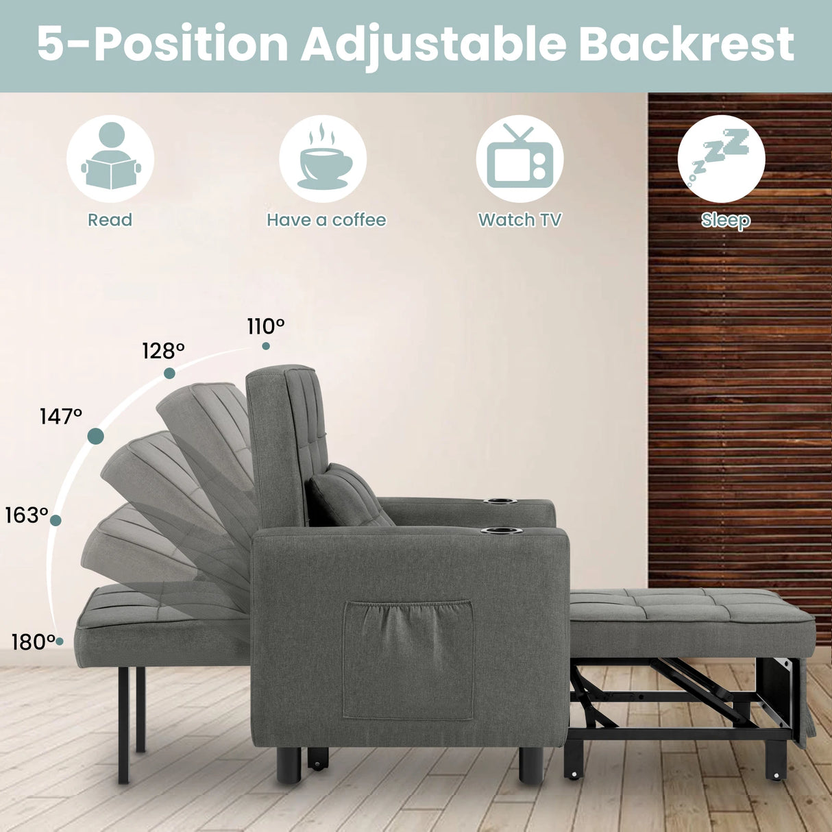 BukkitBow 4-in-1 slaapstoel met bekerhouders en verstelbare rugleuning, ligstoel in neutrale kleur, comfortabel en multifunctioneel.