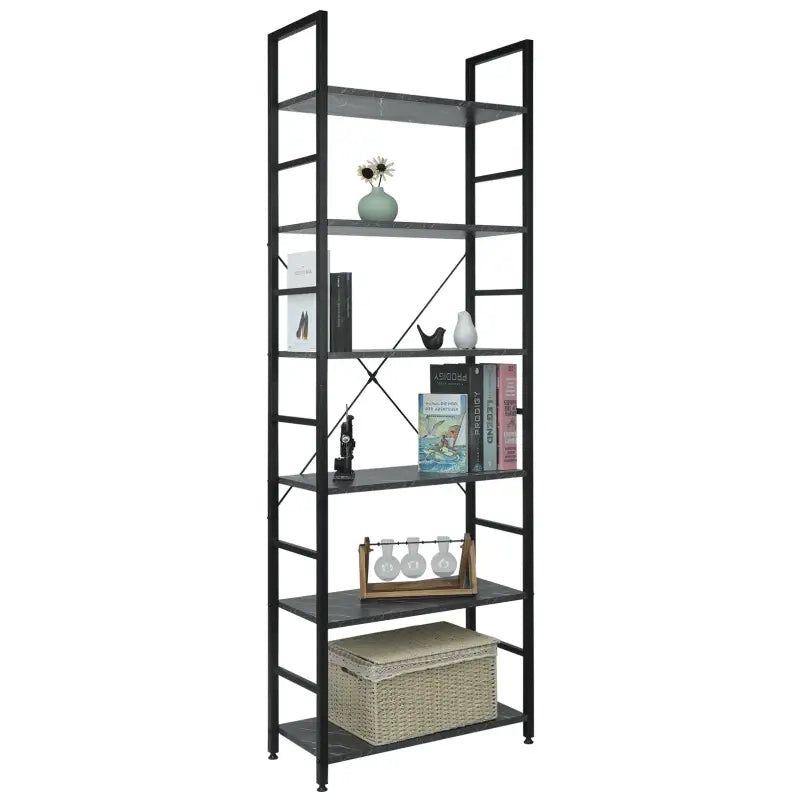 BukkitBow 6-laags metalen en houten boekenkast, modern home decor, geschikt voor diverse ruimtes, afmetingen 60x28x180cm.