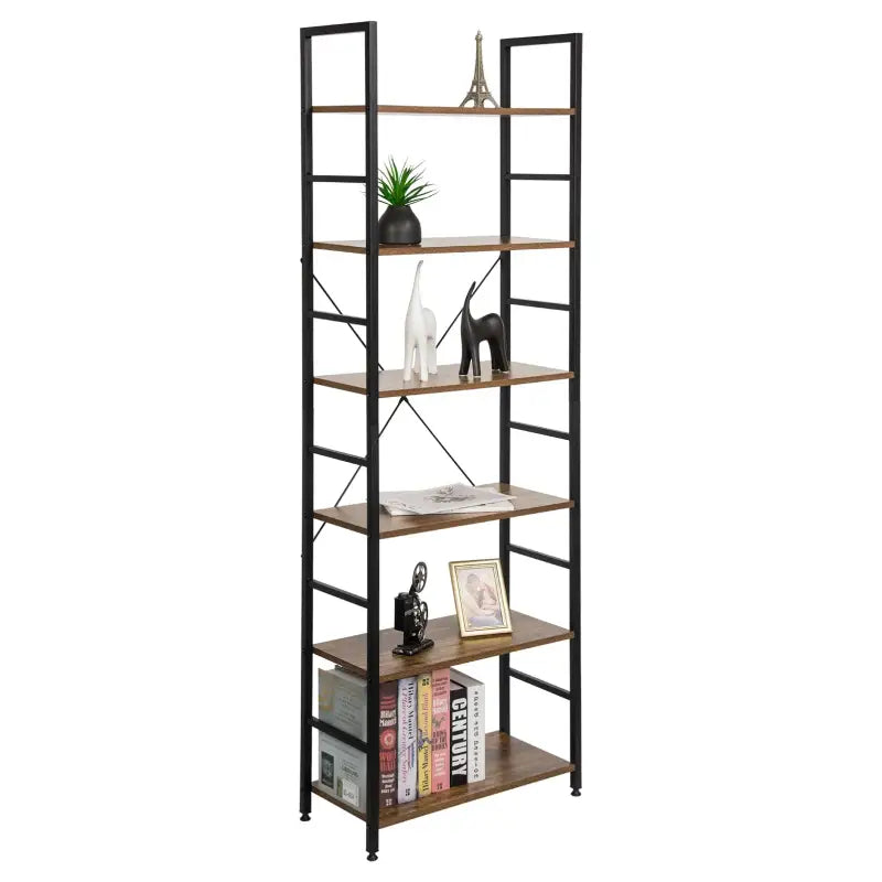 BukkitBow 6-laagse metalen en houten boekenkast, 60x28x180cm, geschikt voor diverse interieurruimtes, stijlvolle home decor meubel