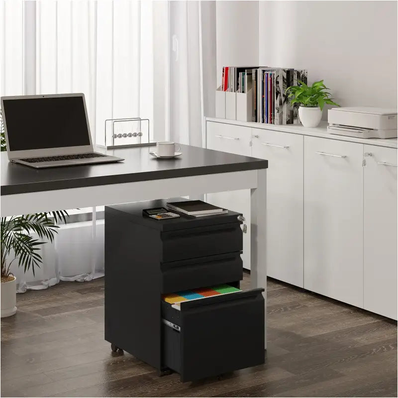 BukkitBow archiefkast met 3 lades, slot, vergrendelingsmechanisme en draaibare zwenkwielen, afmetingen 48x39x62 cm.