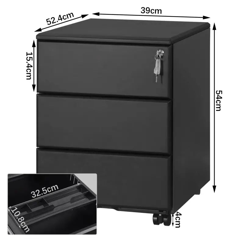 BukkitBow archiefkast met slot, 3 lades, vergrendelingsmechanisme en draaibare zwenkwielen, afmetingen 52,4x39x54 cm.