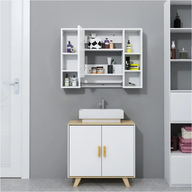 BukkitBow badkamermeubel met spiegel, handdoekhouder en verstelbare plank, afmetingen 80x20x60cm, stijlvolle opbergkast voor de badkamer.