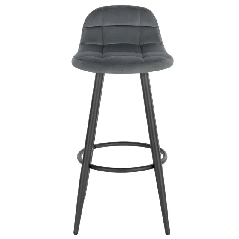 BukkitBow barkruk met fluwelen zitting, metalen frame en lage rugleuning, ergonomische voetsteun, modern design.