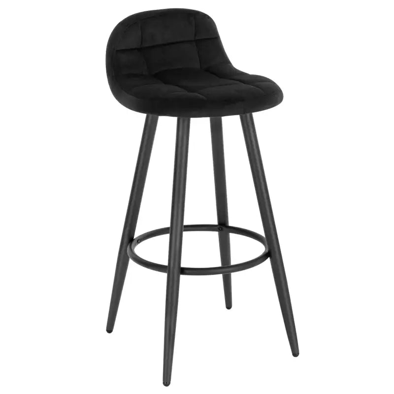 BukkitBow barkruk van fluweel met metalen frame, lage rugleuning en ergonomische voetsteun, modern design.