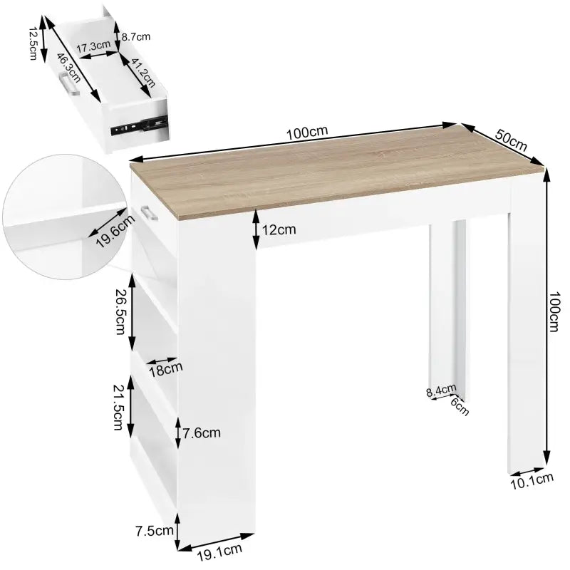 Stevige houten BukkitBow bartafel met opbergruimte, lade en ingebouwd wijnrek, afmetingen 100x100x50cm, geschikt voor bar of eetruimte