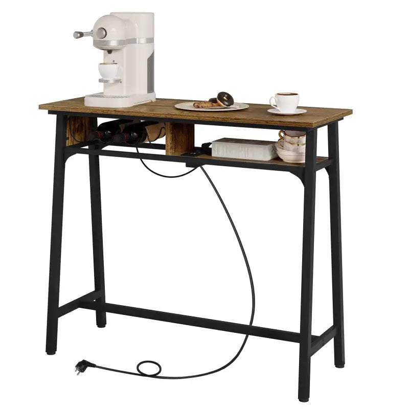 BukkitBow bartafel met oplaadstation en wijnrek, metalen frame en vintage houten look, afmetingen 110x94x40 cm, 50 kg draagvermogen.