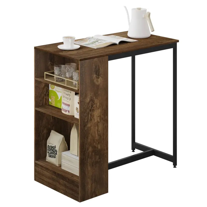 BukkitBow bartafel met planken en kast voor glazen, afmetingen 91x49x91 cm, zwart metalen frame en houten werkblad.