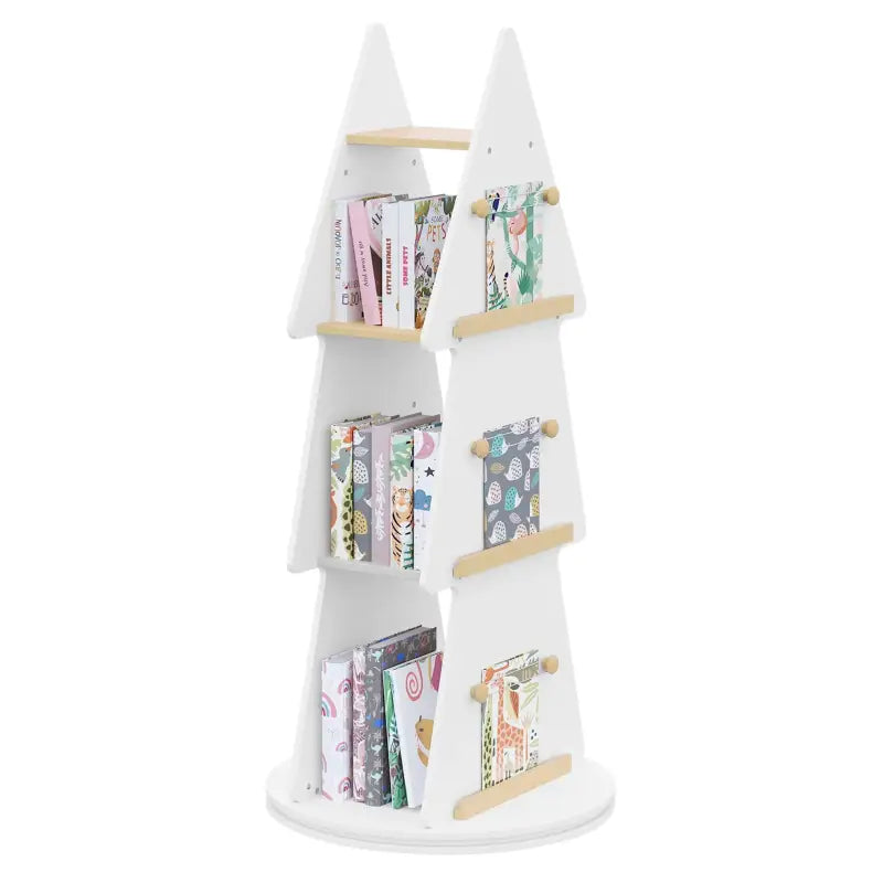 BukkitBow kinderboekenkast met 360° draaibare plank, kerstboomvorm, 4 planken, ophanghaken, in wit en bruin hout.
