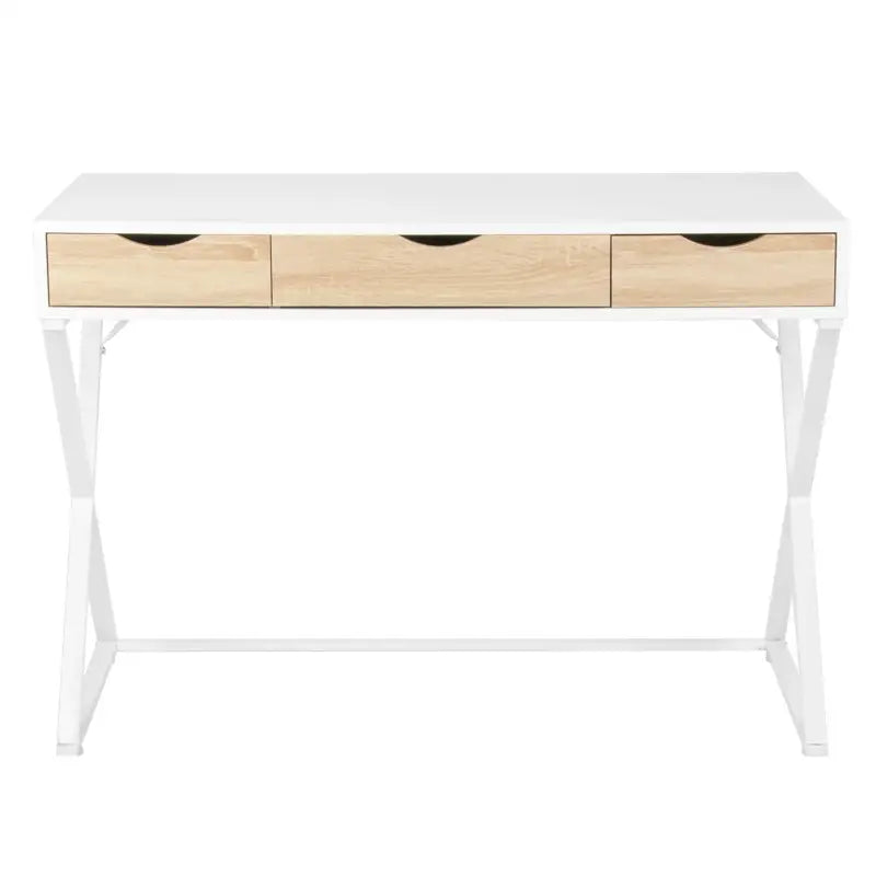 Wit BukkitBow bureau met 3 laden, hout en metaal, waterdicht en krasbestendig ontwerp, afmetingen 110x50 cm, geschikt voor kantoor.