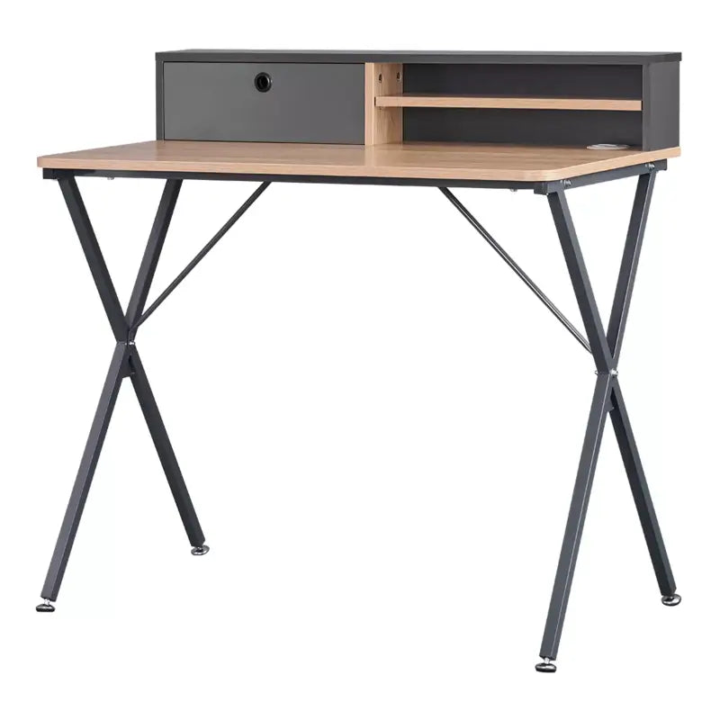 BukkitBow bureau/studietafel met stalen frame, licht eikenhout, lade, opbergvakken en beweegbare poten, 90x50cm