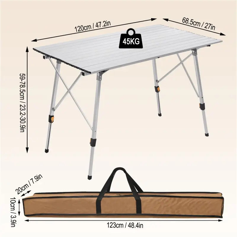 BukkitBow campingtafel in hoogte verstelbaar, lichtgewicht aluminium, inclusief draagtas, afmetingen 120x68,5x59/78,5 cm.