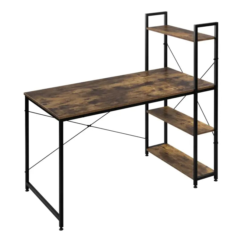 BukkitBow hoekbureau met 4 planken, spaanplaat en metaal, compact werkplek met opbergrek, afmetingen 120x64x120cm