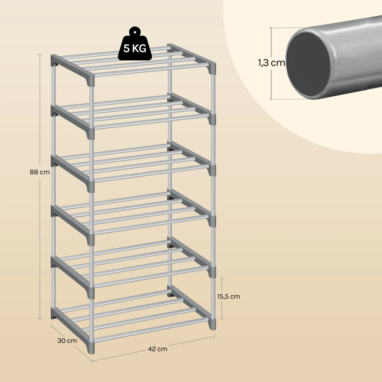 BukkitBow metalen schoenenrek, compact en stapelbaar, open systeem voor nette schoenenopslag, zwart en staalkleurig.