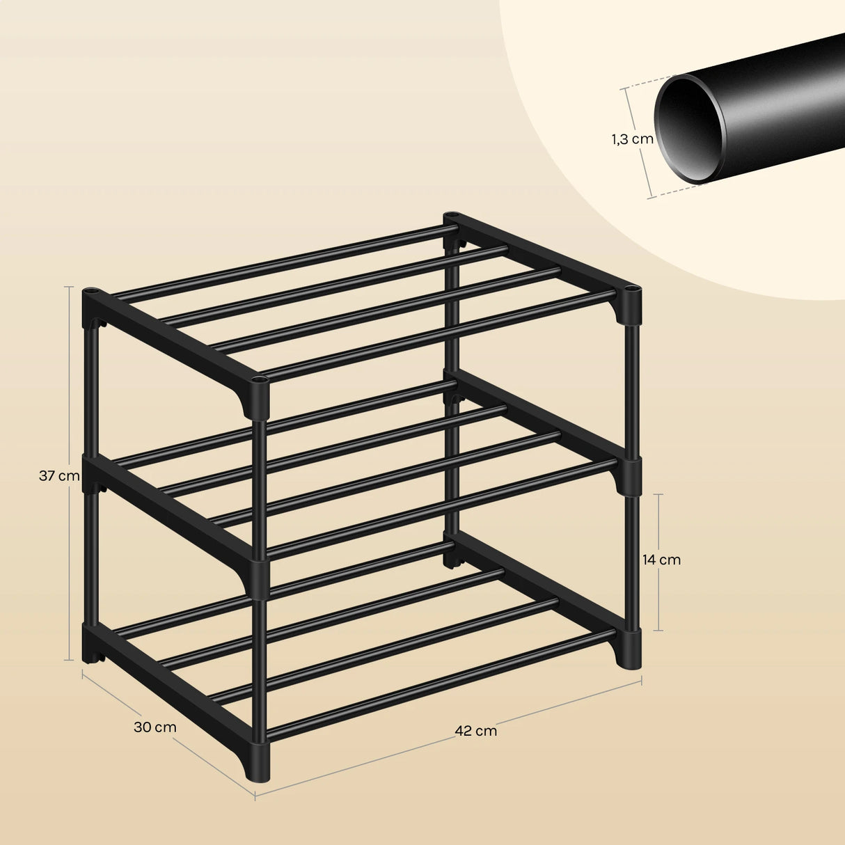 BukkitBow metalen schoenenrek, compact en stapelbaar met open systeem, voor nette en georganiseerde schoenenopslag.