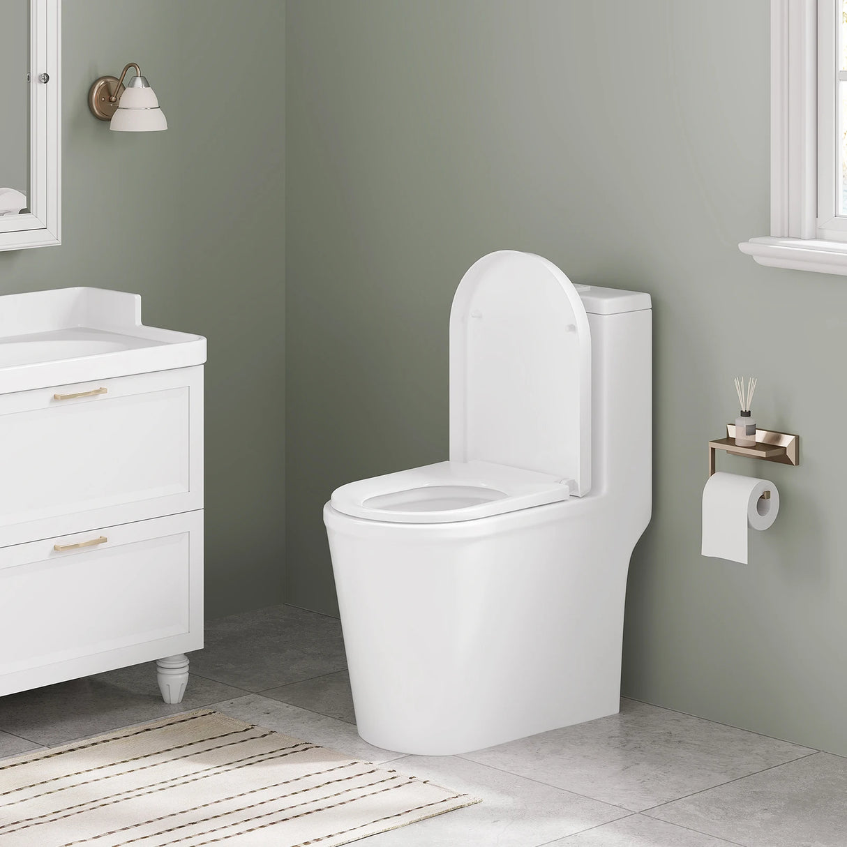 BukkitBow D-vorm toiletbril van kunststof met soft-close en quick-release, bevestigt op toiletpot in badkamer.