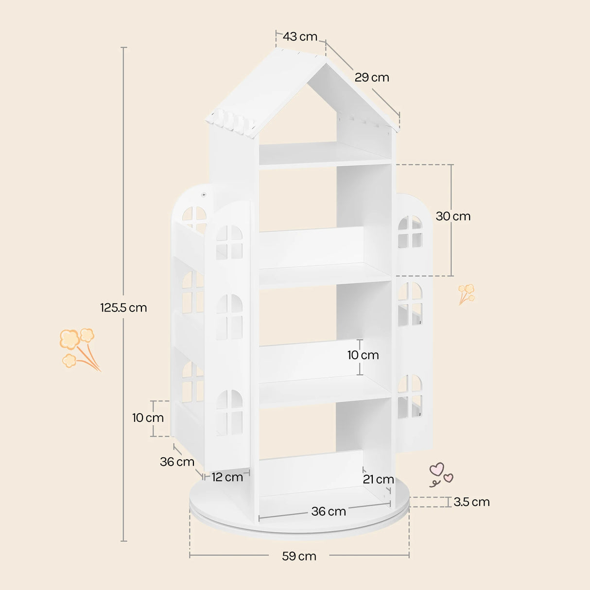 Draaibare kinderboekenkast BukkitBow met 4 niveaus en 360 graden ontwerp, zichtbaar met kleurrijke boeken en speelgoed.