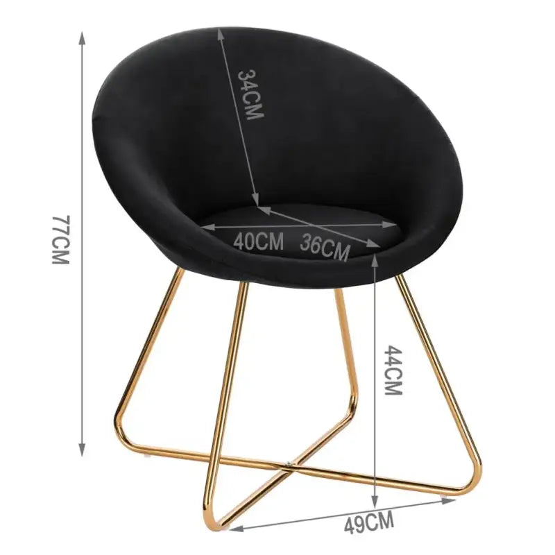 BukkitBow eetkamerstoel met fluwelen bekleding, metalen poten en ergonomische vorm, zithoogte 44 cm.