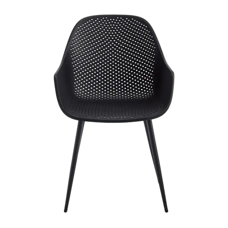 Set van 2 moderne BukkitBow eetkamerstoelen met holle rug en metalen poten, geschikt voor keuken en eethoek.