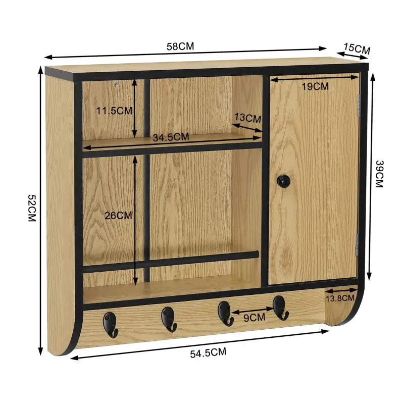 BukkitBow eiken badkamermeubel met wandkast, verstelbare planken en industrieel ontwerp, afmetingen 58x52x15 cm.