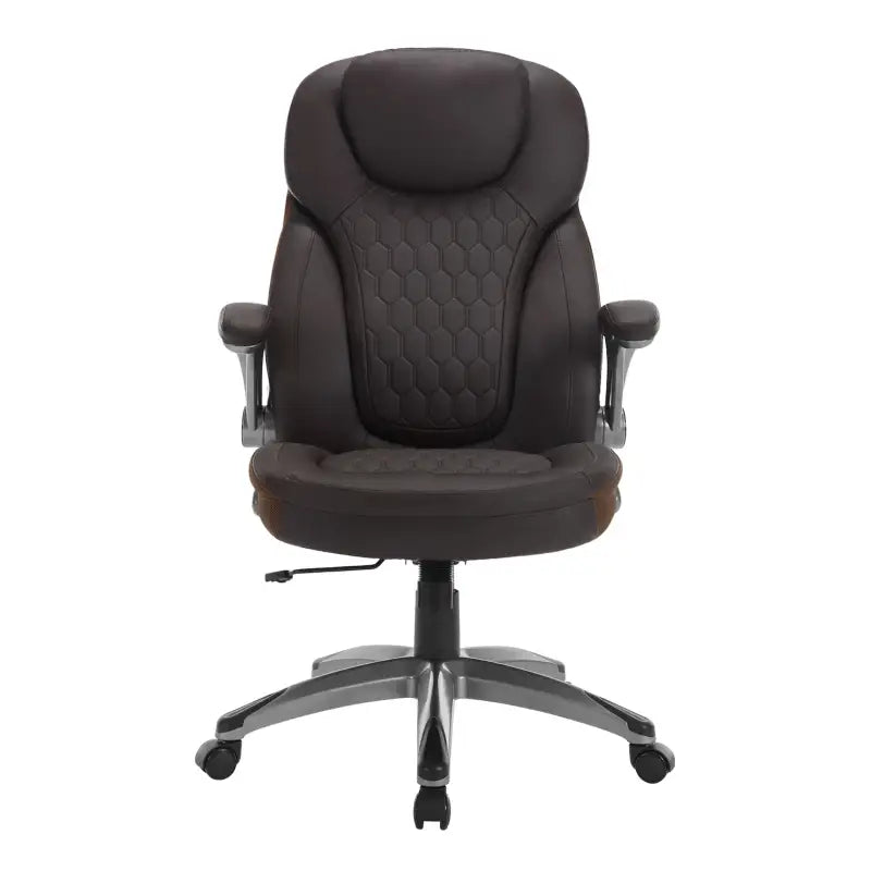 Ergonomische BukkitBow bureaustoel van kunstleer met hoofdsteun, armleuningen en draaisysteem, geschikt voor comfortabel werken.